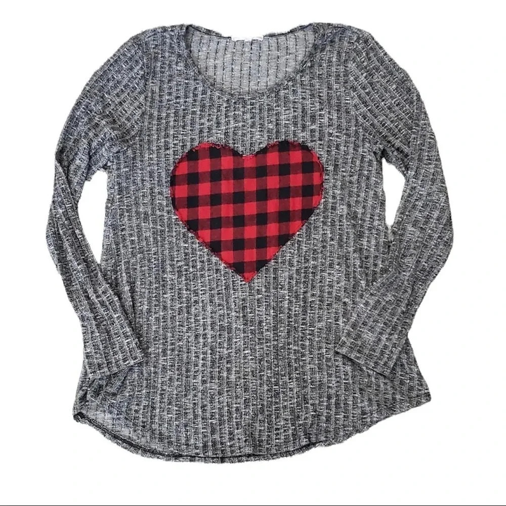 Le Lis Gray Ribbed Gingham Heart Sweater Small